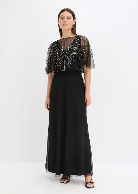 Robe longue en tulle fin avec sequins brod&eacute;s, bonprix