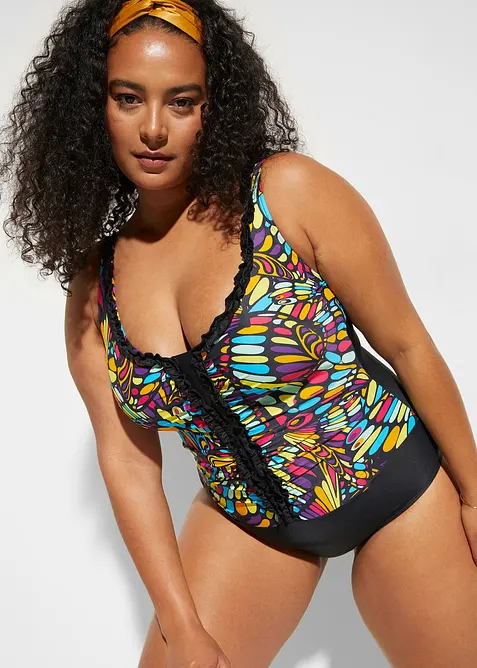 Maillot 1 pi&egrave;ce sculptant &agrave; volants, maintien mod&eacute;r&eacute;, bonprix