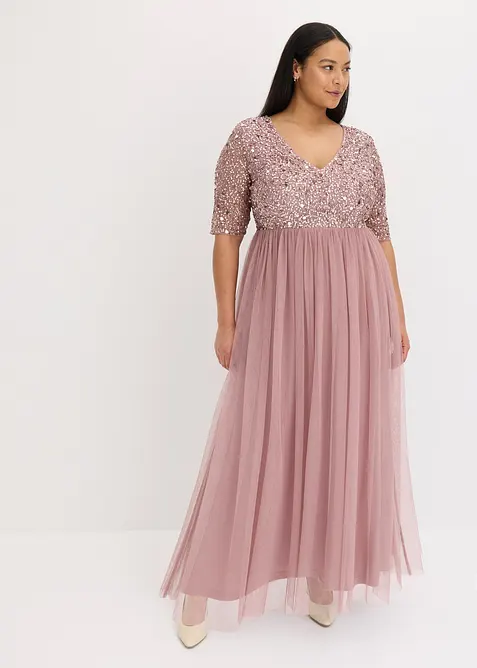 Robe de soir&eacute;e en tulle avec haut brod&eacute; de sequins, bonprix