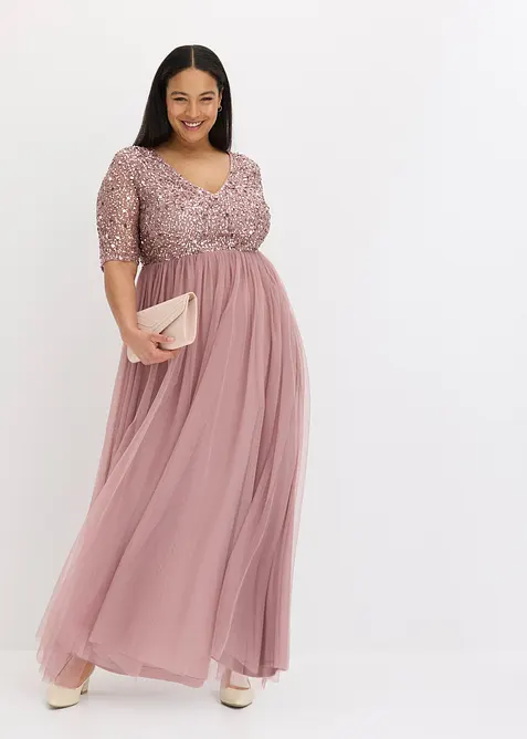 Robe de soir&eacute;e en tulle avec haut brod&eacute; de sequins, bonprix