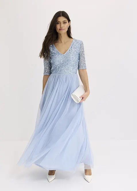 Robe de soir&eacute;e en tulle avec haut brod&eacute; de sequins, bonprix