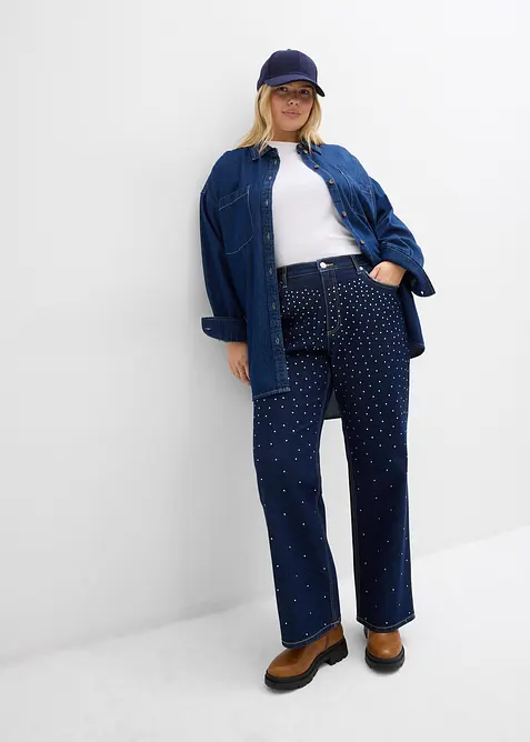 Jean droit, taille mi-haute, &agrave; strass, bonprix