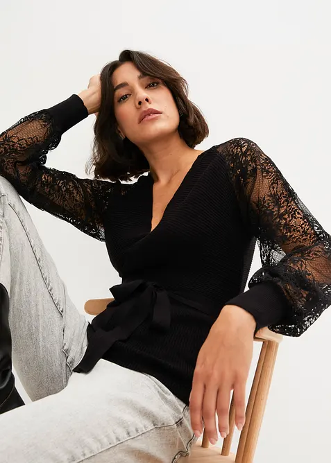 Pull en fine maille avec dentelle, bonprix