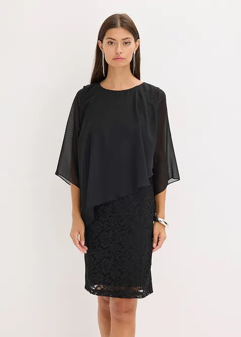 Robe courte en dentelle avec drap&eacute; en mousseline, bonprix