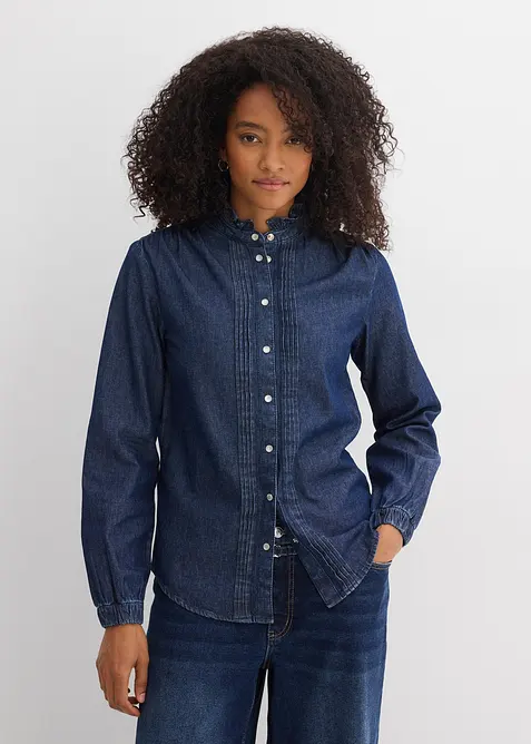 Blouse en jean &agrave; finitions volant&eacute;es, bonprix