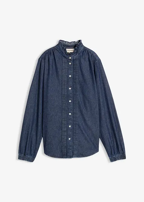 Blouse en jean &agrave; finitions volant&eacute;es, bonprix