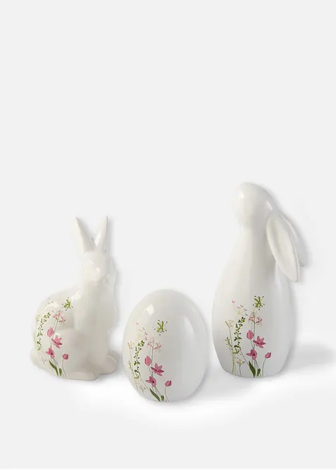 Lot de 3 figurines d&eacute;co Lapins et &OElig;uf avec fleurs, bonprix