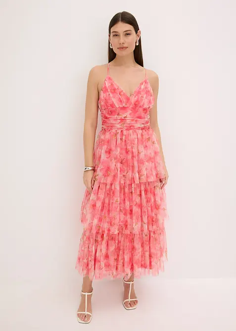 Robe midi en tulle fin &agrave; volants, bonprix