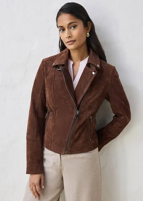 Veste biker en cuir velours, bonprix