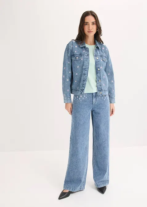 Veste en jean avec fleurs brod&eacute;es, bonprix