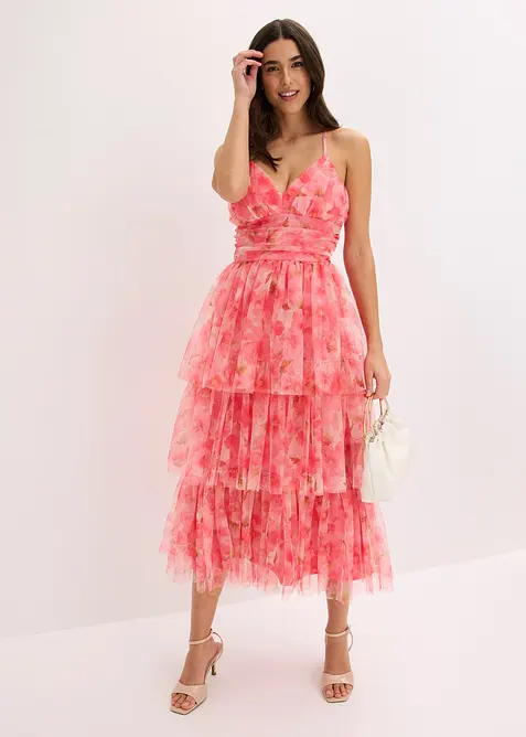 Robe midi en tulle fin &agrave; volants, bonprix
