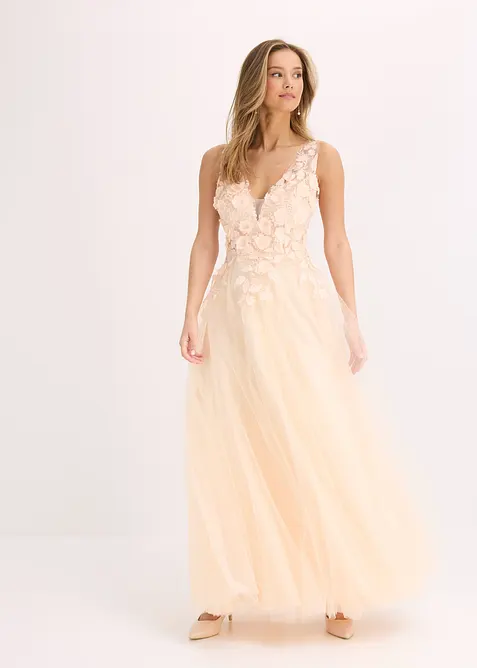 Robe longue en tulle fin avec fleurs appliqu&eacute;es, bonprix