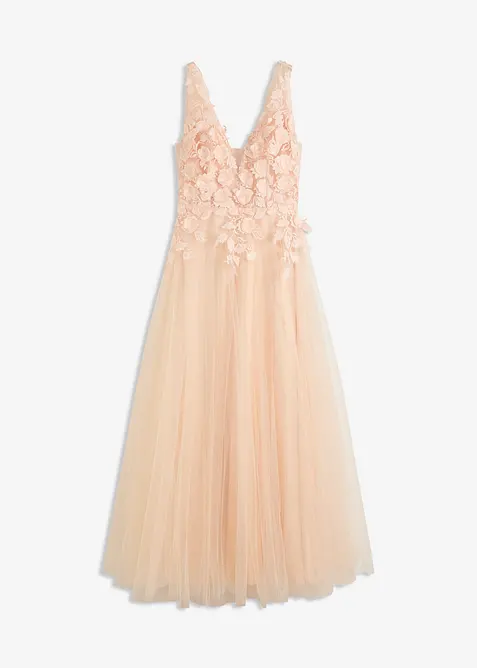 Robe longue en tulle fin avec fleurs appliqu&eacute;es, bonprix