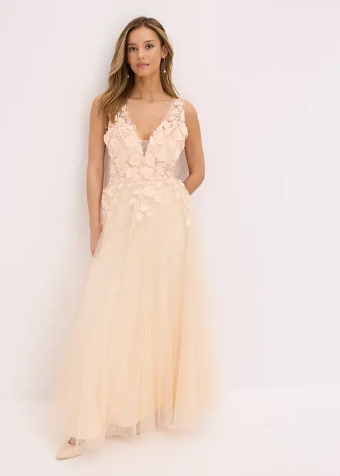 Robe longue en tulle fin avec fleurs appliqu&eacute;es, bonprix