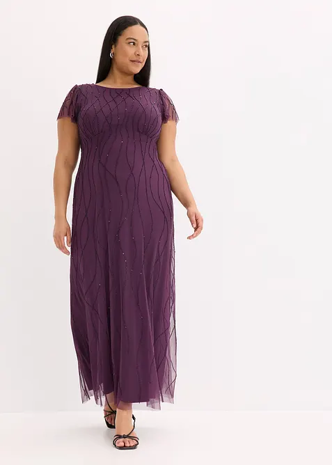 Robe longue en tulle d&eacute;licat avec perles brod&eacute;es, bonprix