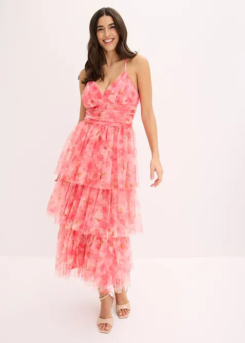 Robe midi en tulle fin &agrave; volants, bonprix
