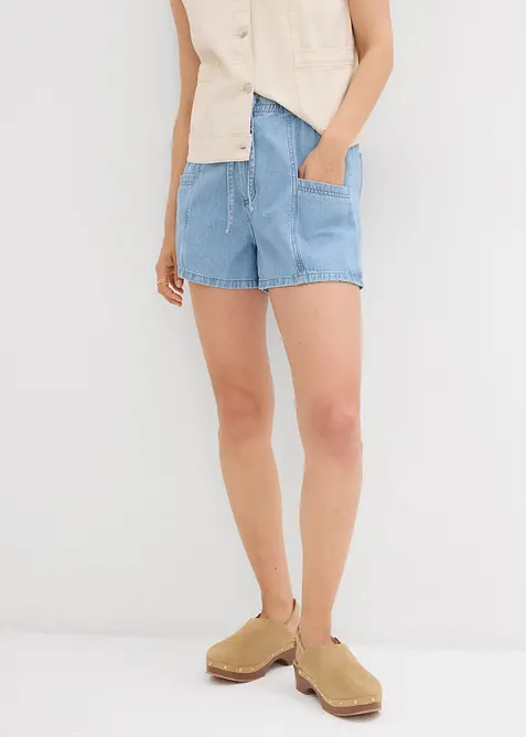 Short en jean avec taille haute &eacute;lastiqu&eacute;e, bonprix
