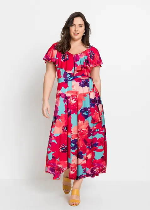 Robe longue &agrave; volant et ceinture, bonprix