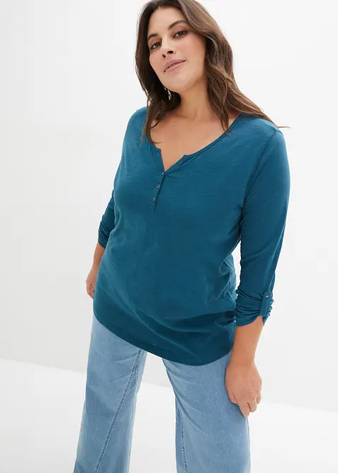 T-shirt manches longues &agrave; col boutonn&eacute;, 100% coton, bonprix