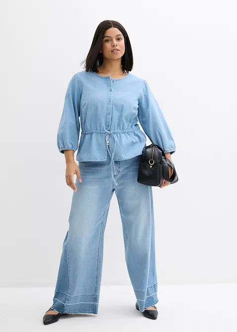 Chemisier en jean &agrave; manches bouffantes, coton, bonprix