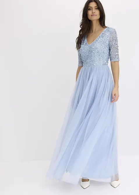 Robe de soir&eacute;e en tulle avec haut brod&eacute; de sequins, bonprix