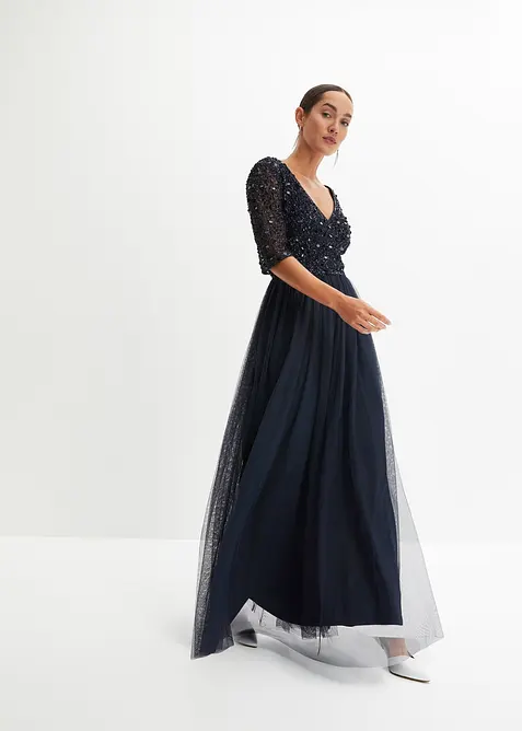 Robe de soir&eacute;e en tulle avec haut brod&eacute; de sequins, bonprix
