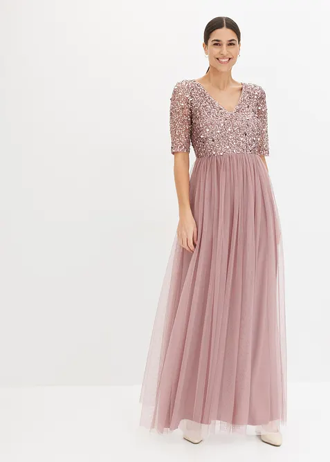 Robe de soir&eacute;e en tulle avec haut brod&eacute; de sequins, bonprix