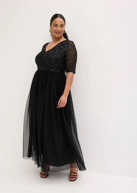 Robe de soir&eacute;e en tulle avec haut brod&eacute; de sequins, bonprix
