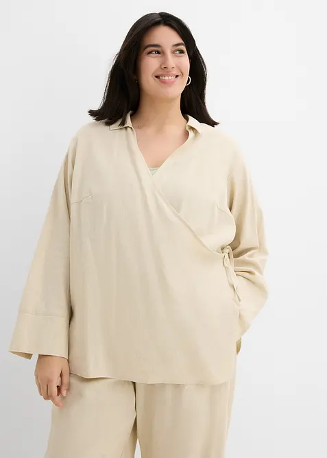 Chemisier cache-c&oelig;ur en lin m&eacute;lang&eacute;, bonprix