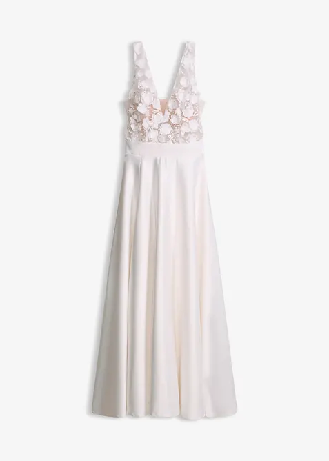 Robe de mari&eacute;e en satin brillant avec application de fleurs, bonprix