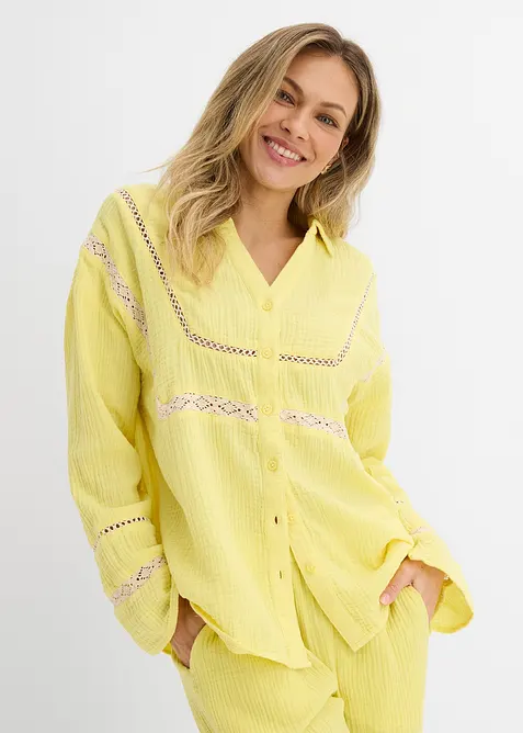 Blouse en gaze de coton avec empi&egrave;cements de dentelle, bonprix