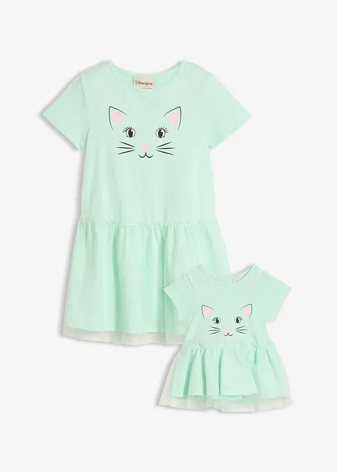 Robe en jersey fille et robe de poup&eacute;e (ens. 2 pces) 100% coton, bonprix