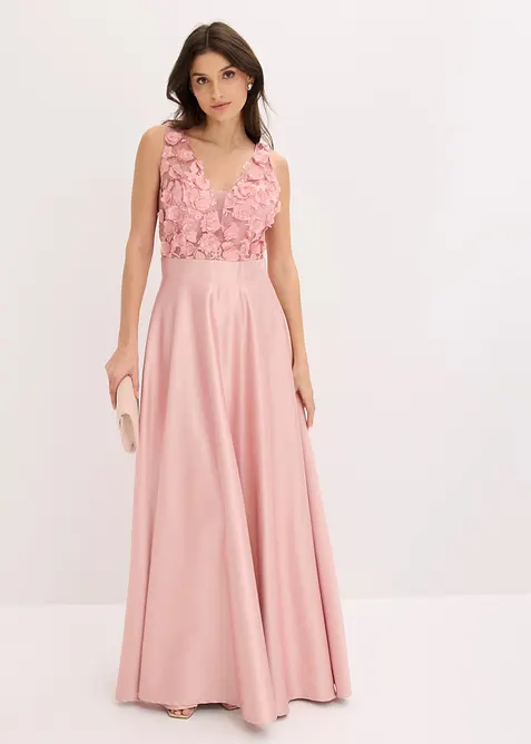 Robe de soir&eacute;e en satin brillant avec fleurs appliqu&eacute;es, bonprix
