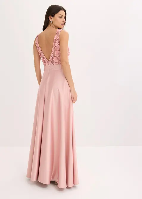 Robe de soir&eacute;e en satin brillant avec fleurs appliqu&eacute;es, bonprix