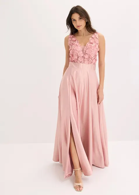 Robe de soir&eacute;e en satin brillant avec fleurs appliqu&eacute;es, bonprix