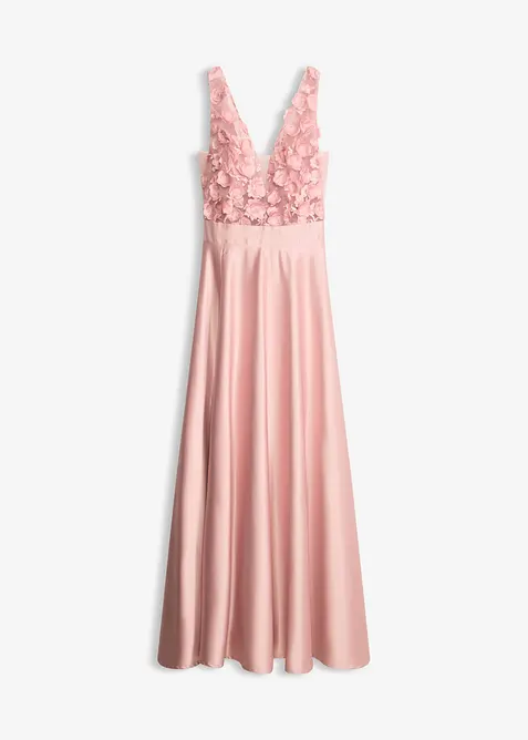 Robe de soir&eacute;e en satin brillant avec fleurs appliqu&eacute;es, bonprix