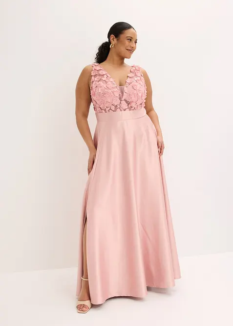 Robe de soir&eacute;e en satin brillant avec fleurs appliqu&eacute;es, bonprix
