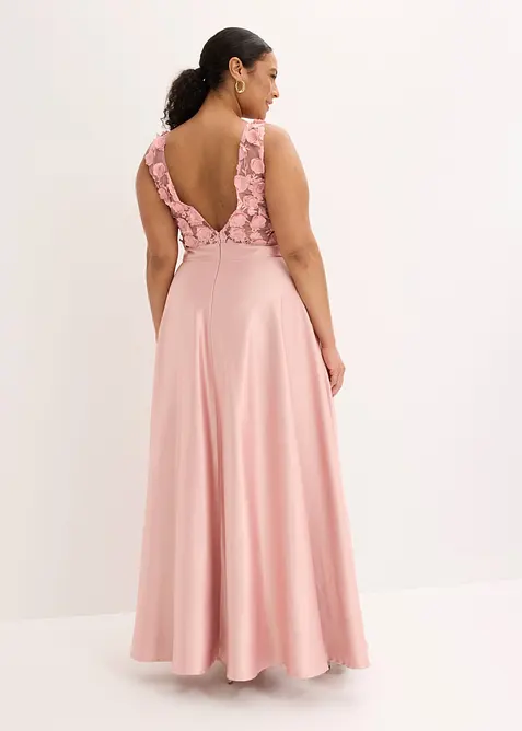Robe de soir&eacute;e en satin brillant avec fleurs appliqu&eacute;es, bonprix