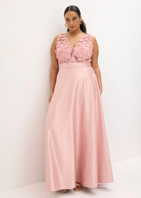 Robe de soir&eacute;e en satin brillant avec fleurs appliqu&eacute;es, bonprix