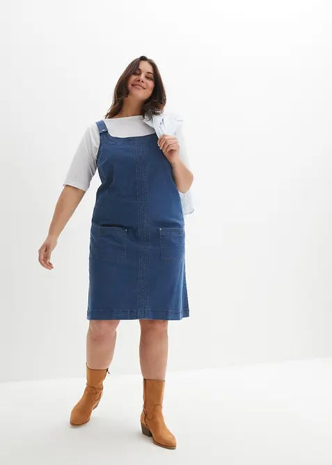 Robe en jean coton avec bretelles de salopette, longueur genou, bonprix