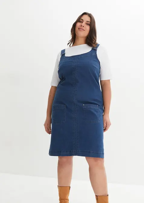 Robe en jean coton avec bretelles de salopette, longueur genou, bonprix