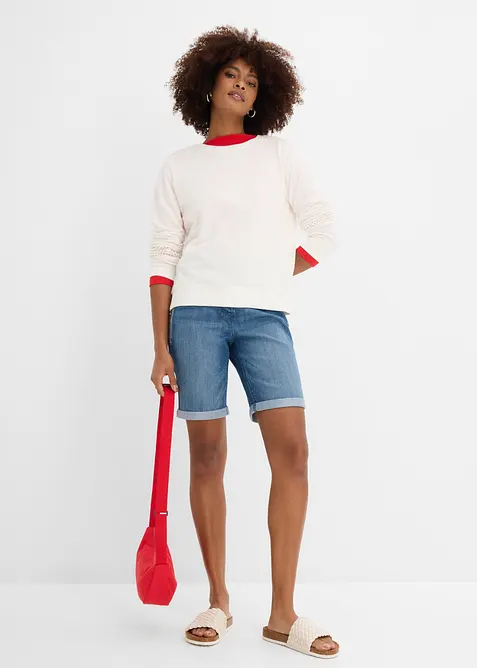 Bermuda en jean avec broderie, taille mi-haute &eacute;lastiqu&eacute;e, bonprix