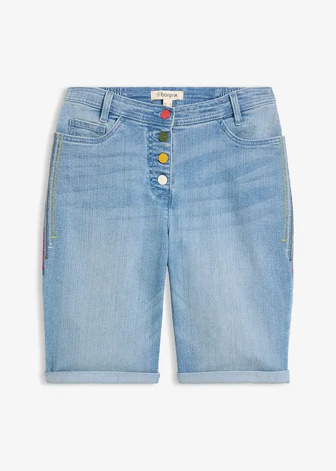 Bermuda en jean avec broderie, taille mi-haute &eacute;lastiqu&eacute;e, bonprix