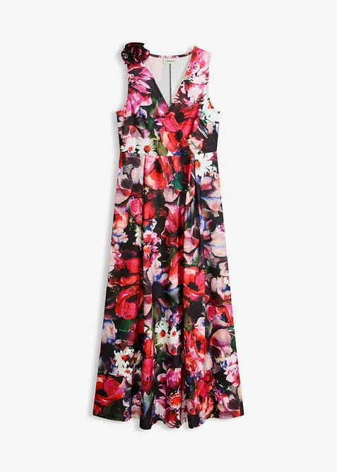 Robe de soir&eacute;e en cr&ecirc;pe textur&eacute; avec fleur appliqu&eacute;e, bonprix