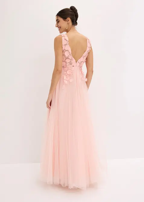Robe longue en tulle d&eacute;licat orn&eacute;e de fleurs appliqu&eacute;es, bonprix