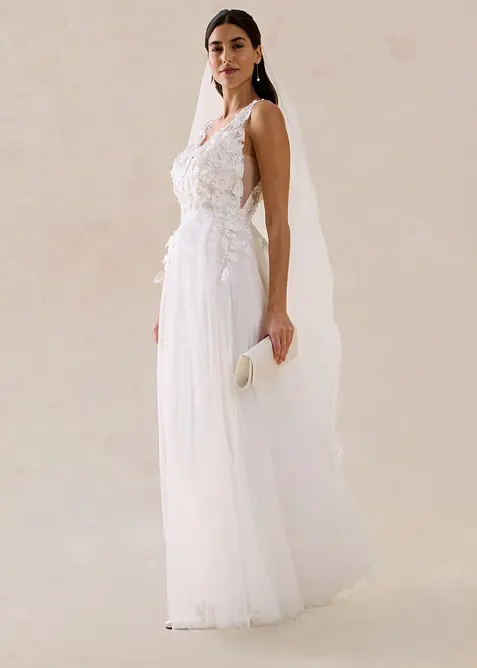 Robe de mari&eacute;e en tulle avec fleurs appliqu&eacute;es, bonprix