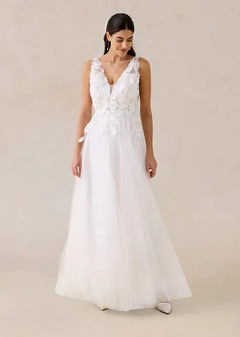 Robe de mari&eacute;e en tulle avec fleurs appliqu&eacute;es, bonprix