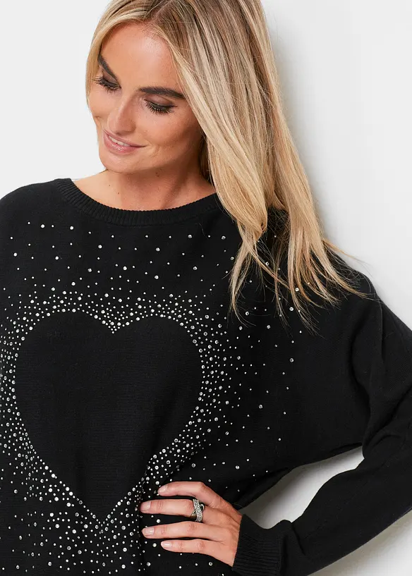 Pull long avec application cœur en strass, bonprix