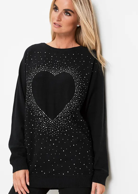 Pull long avec application cœur en strass, bonprix