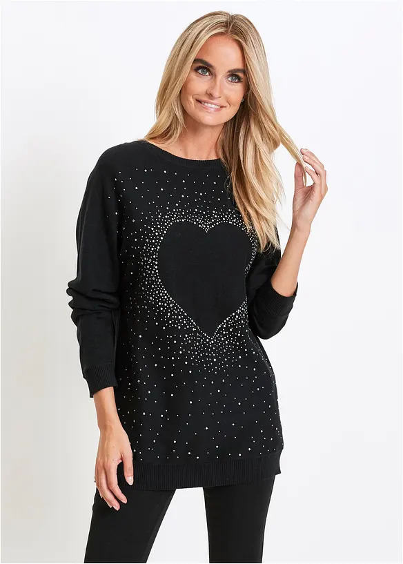 Pull long avec application cœur en strass, bonprix